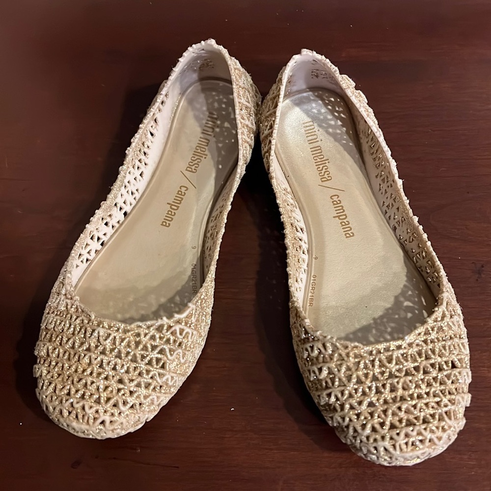 Mini Melissa Girls Glitter Zig Zag Flats, gold, size 13